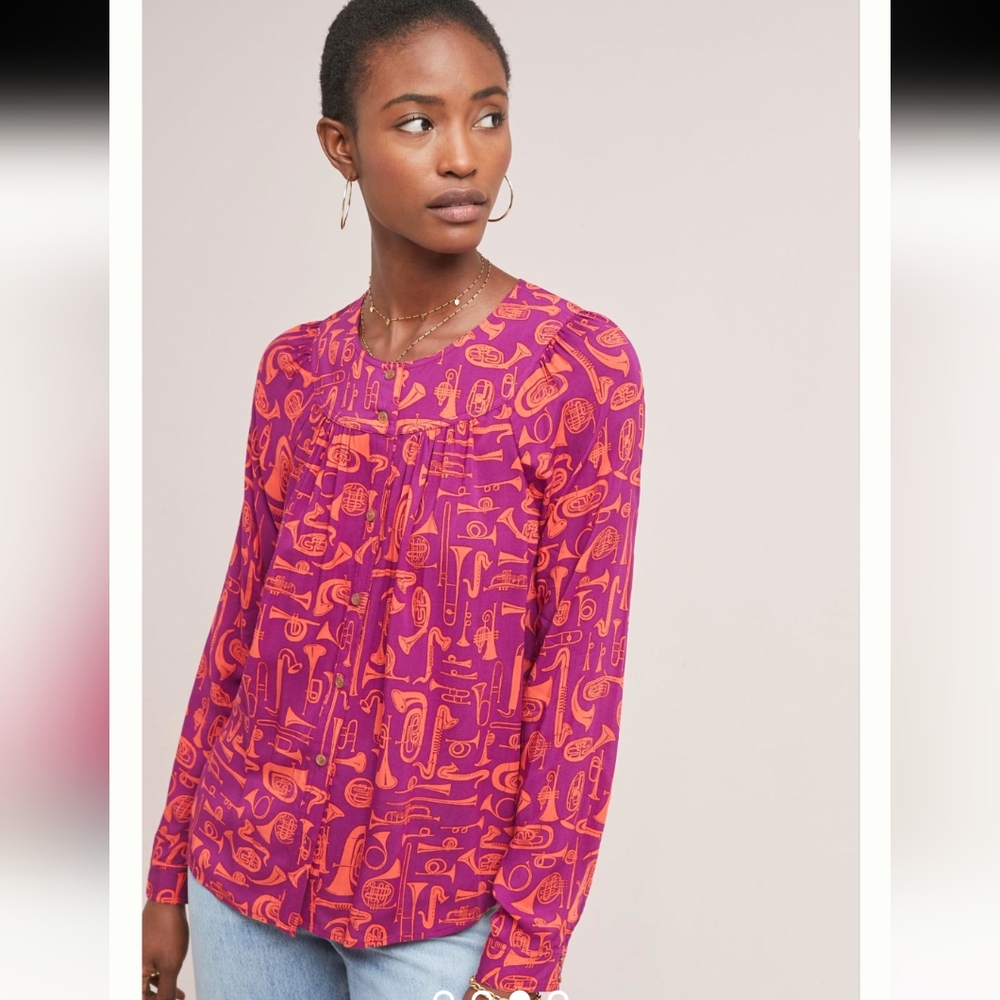 Anthropologie 22 of 52 Conversations Women’s Size US 4 Novelty Print Blouse Top
